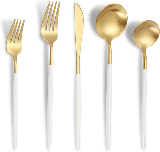 Matte White Gold Silverware Set for 6,Modern Stainless Steel Brushed Cutlery Set,30-Pieces Heavy Duty Flatware Set,Knives Spoons and Forks Set Utensils Set, Satin Finish, Dishwasher Safe-Ruum Studio Home