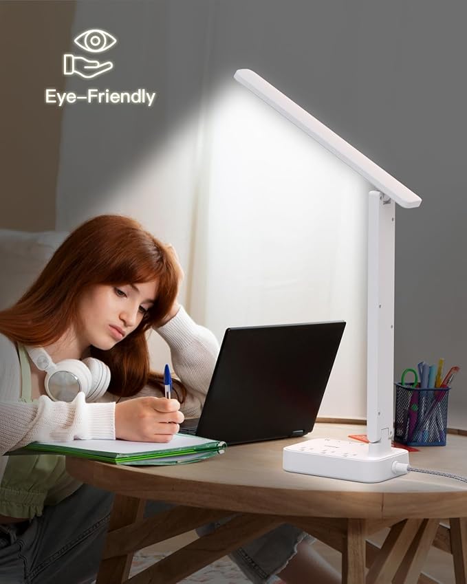 Addtam LED Desk Lamp, Power Strip with 3 Outlets 4 USB Charging Ports(2 USBC), 4 Modes 5 Level Brightness Touch Lamp, Small Desk Lamp for Home Office College Dorm Room Essentials, White-Ruum Studio Home