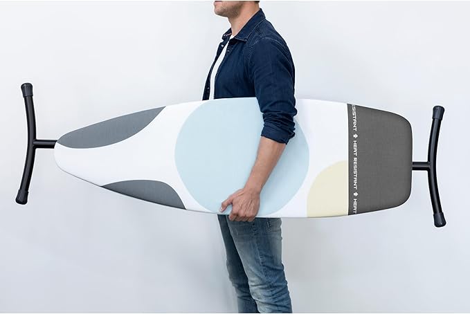 Brabantia Size D Ironing Board (53x18 in) Heat Resistant Parking Zone, Silver Frame, Non-Slip Feet, Suitable for Sit Down Ironing (Spring Bubbles)-Ruum Studio Home
