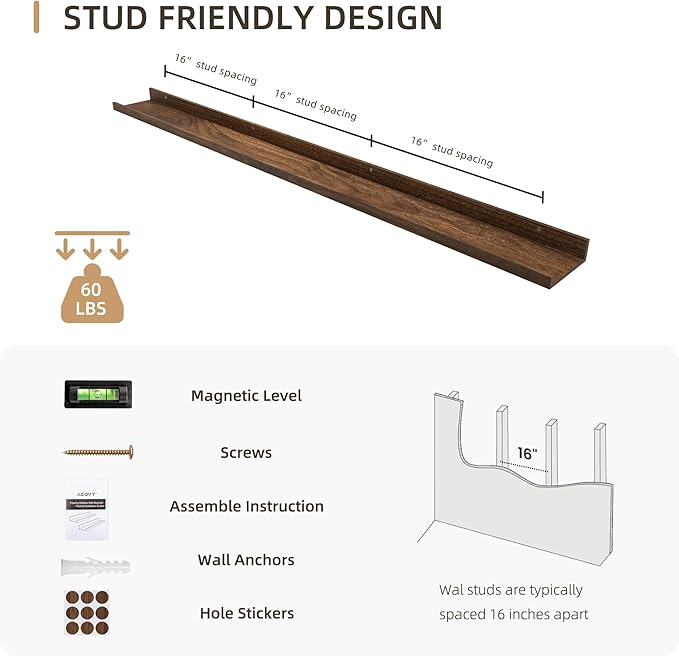 Picture Ledge Shelf, Wood Long Floating Shelves for Wall, Set of 2, 56 inch Picture Ledge Shelves, Photo Ledge Nursery Book Shelves Wall Mounted for Living Room Kids' Room Bedroom, Color Walnut-Ruum Studio Home