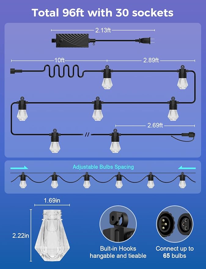 XMCOSY+ 96FT Smart Outdoor String Lights - RGBCWIC Dimmable Acrylic Bulbs, Color Changing LED Patio Lights APP WiFi Control, Compatible with Alexa, IP65 Waterproof Outdoor Lights for Backyard Porch-Ruum Studio Home