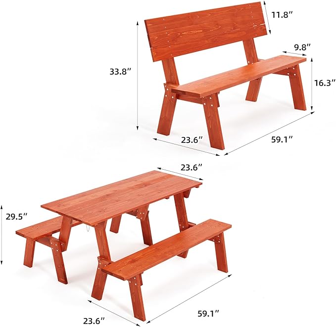 AVAWING Outdoor Convertible Wood Bench with Backrest, Patio Wood Convert a Bench, Space-Saving 2-in-1 Picnic Table Chairs Set for Backyard, Porch, Patio, Garden, Tangerine-Ruum Studio Home