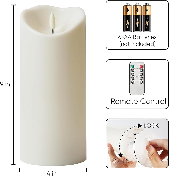 Homemory 4"x9" Outdoor Waterproof Flameless Candles with Timers and Remote Control, Battery Operated Candles, LED Plastic Candles, Ivory White, Set of 2-Ruum Studio Home