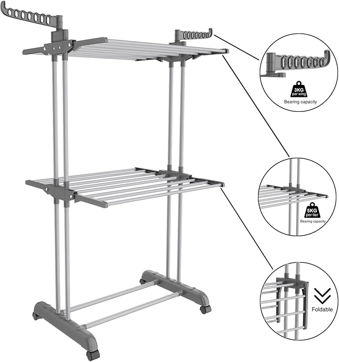 Bigzzia 3 Tier Clothes Drying Rack, 57 Inch Laundry Drying Rack, Foldable Stainless Steel Kids Clothing Rack, Movable Laundry Rack for Indoor Outdoor - Grey-Ruum Studio Home