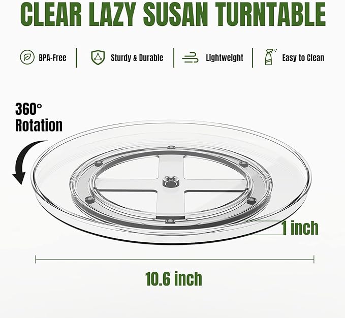URALFA Lazy Susan Organizer for Cabinet 2 Pack, 10.6" Clear Lazy Susan Turntable Rotating Organizer, Plastic Organization and Storage Spinning Spice Rack for Kitchen, Bathroom, Pantry, Fridge, Table-Ruum Studio Home