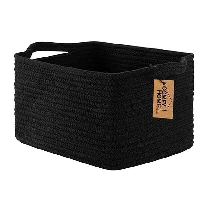 COMFY-HOMI Storage Basket for Shelves, Woven Baskets for Storage, Cotton Rope Basket,Toy Storage Organizer, Storage Cube Bin, Organization and Storage, Towel Baskets for Gift Empty, All Black-Ruum Studio Home
