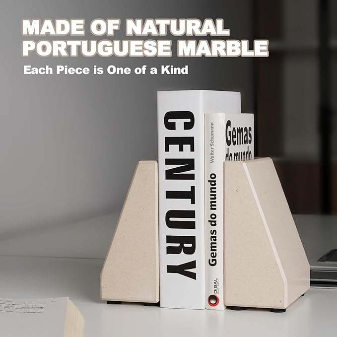 Book End, Natural Marble Bookend for Shelves, Non-Skid Bookends for Heavy Books, Heavy Duty Book Stopper for CDs and Oversized Books, Luxury Book Shelf Holder, Moleanos Beige-Ruum Studio Home