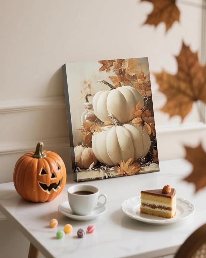 Farmhouse Autumn Pumpkin Wall Art Decor, Rustic Fall Canvas Prints Framed for Living Room Kitchen Dining Room, Thanksgiving Decorations and Cozy Fall Wall Art Picture, Ready to Hang-Ruum Studio Home