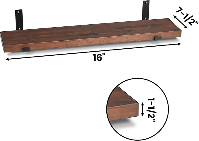 CONSDAN Floating Shelves for Wall Mounted Book Shelf Hanging Shelves Floating Bookshelf for Bedroom, Bathroom, Living Room, Kitchen USA Grown Solid Hardwood, Dark Maple 16x7.5x1.5 in (Set of 3)-Ruum Studio Home