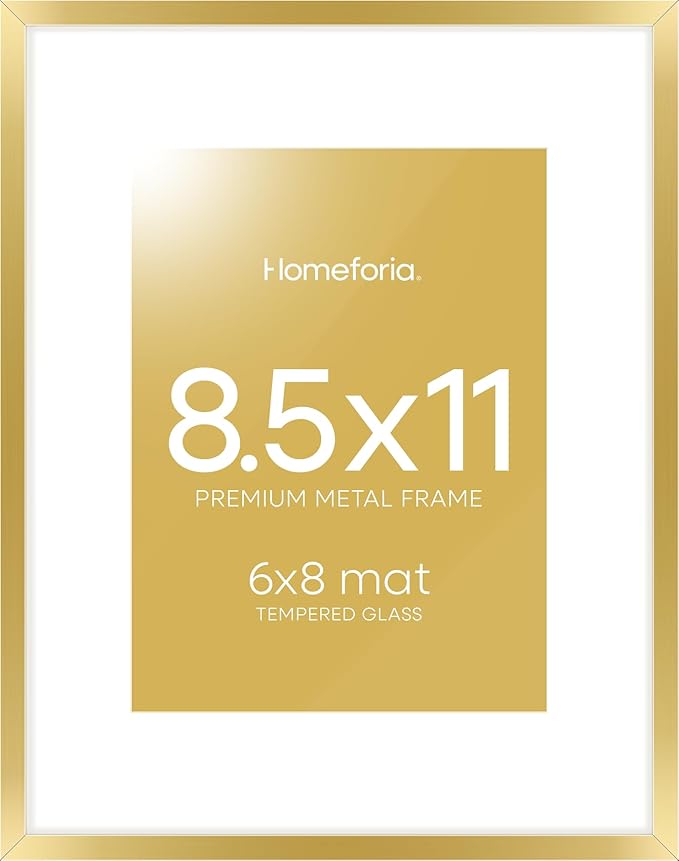 Homeforia 8.5 by 11 Picture Frame Gold, High End Metal 8.5x11 Poster Frames with Mat 6x8 Photo, 8.5 x 11 Frame Matted to 6 x 8 Print, 8.5by11 Wall or Tabletop Frame, Tempered Glass, Wall Kit, Set of 1-Ruum Studio Home