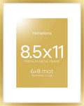 Homeforia 8.5 by 11 Picture Frame Gold, High End Metal 8.5x11 Poster Frames with Mat 6x8 Photo, 8.5 x 11 Frame Matted to 6 x 8 Print, 8.5by11 Wall or Tabletop Frame, Tempered Glass, Wall Kit, Set of 1-Ruum Studio Home