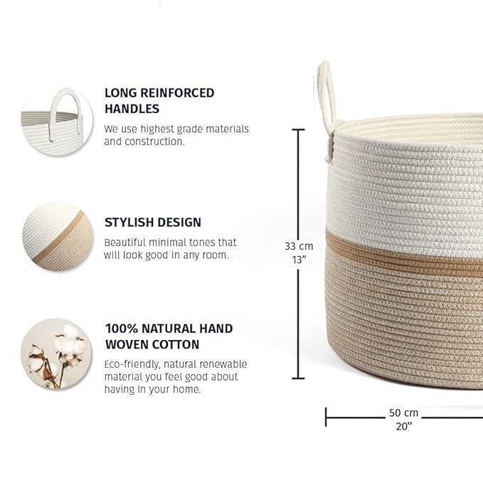 OrganiHaus Boho Woven Basket for Blankets and Laundry, Decorative Large Storage Bin for Living Room, Nursery Basket for Toys & Clothes, Soft Cotton Rope with Handles 20x13 inches - Striped Honey-Ruum Studio Home