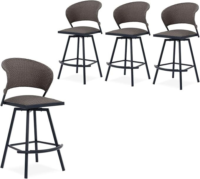 VICLLAX Patio Bar Stool Chairs with Footrests and Padded Seat, Bar Height Swivel Patio Chairs Set of 4, Brown Woven Wicker Swivel Bar Stools for Lawn Garden-Ruum Studio Home