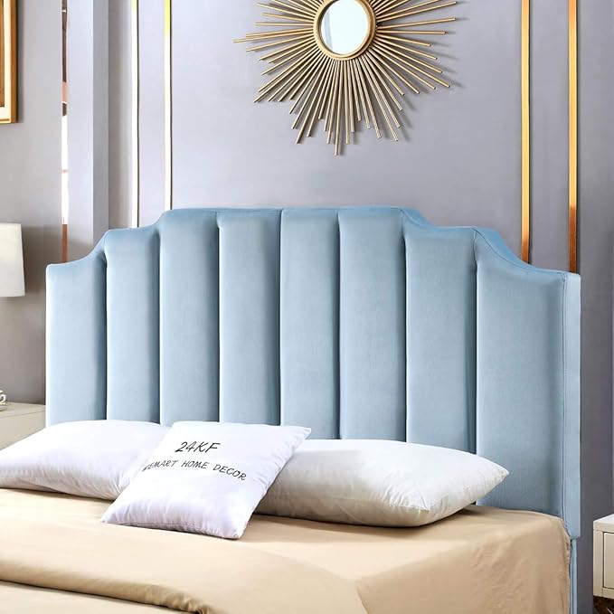 24KF Seaglass Velvet Tufted Queen Upholstered Headboard, Modern Vertical Channel Design California Queen/Full Headboard with Stepped Silhouette Top Edge, Seaglass-Ruum Studio Home