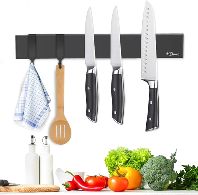 Dmore magnetic knife holder for wall—with 2 hooks, No Drilling 12 Inch black knife magnetic strip, Powerful knife magnet rack, include Adhesive Tape and screws for Knives, Utensils, and Tools-Ruum Studio Home