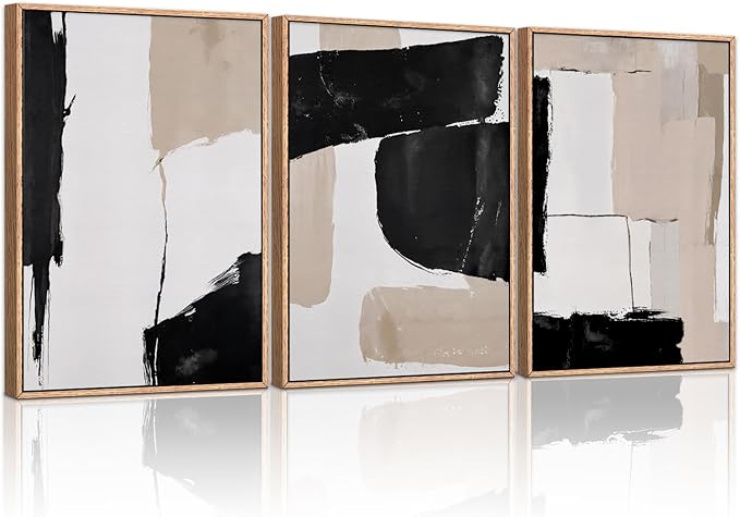 HLNIUC Large Framed Neutral Abstract Canvas Wall Art,Black and White Abstract Wall Decor Set of 3(16”X24”)Modern Minimalist Color Block Art Print,Beige Mid Century Wall Painting for Living Room,Office-Ruum Studio Home
