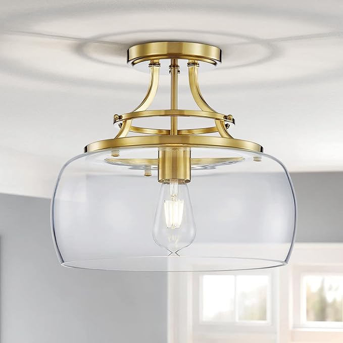 WUZUPS Chandelier Rustic Farmhouse Industrial Round Semi-flushmount Ceiling LED Light Fixture with Clear Glass Shades for Bathroom Kitchen Foyer Entryway, H 11.8" x W 13.4", E26 Base, Brushed Gold-Ruum Studio Home
