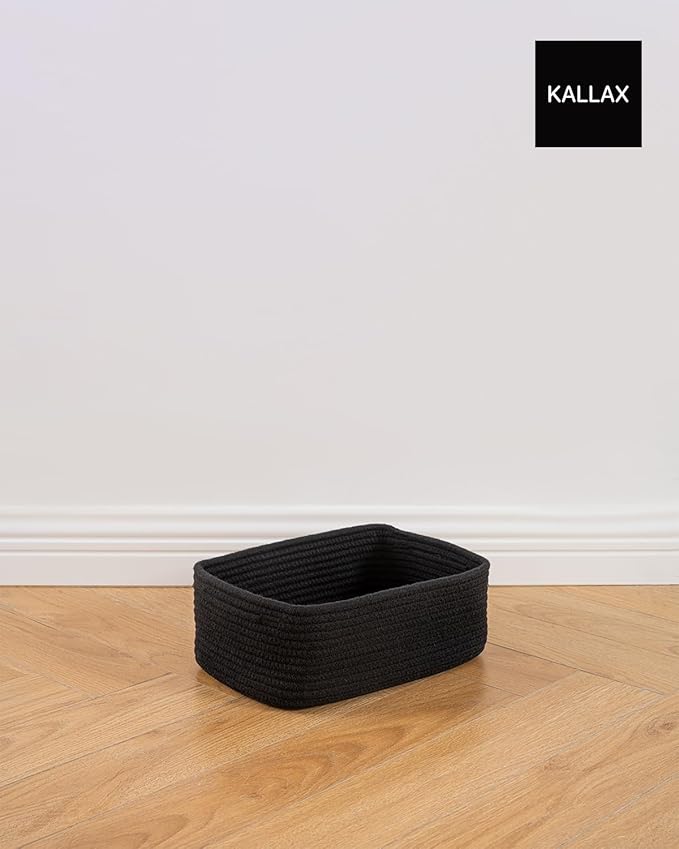 KALLAX Small Woven Basket, 12 x 8 x 4.5 Inches, Storage Basket for Organizing, Cute Small Rope Shelf Closet Cube Storage Bins Baskets for Shelves, Dog Toy Gift Baskets Empty, 3 Packs, Black-Ruum Studio Home