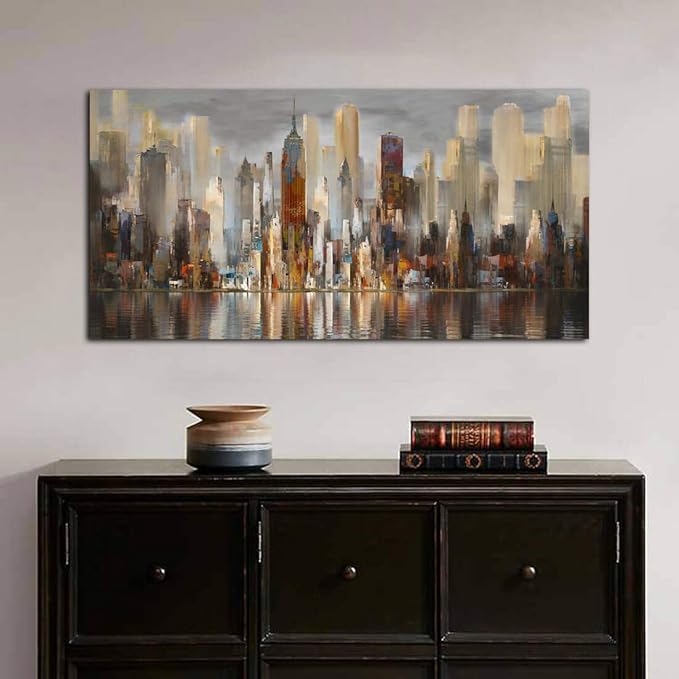 Framed Wall Art Large Cityscape New York Wall Decor Canvas Prints Abstract Brown City Theme Paintings Modern Canvas Wall Art for Living Room Bedroom Big Size 24x48 Framed-Ruum Studio Home