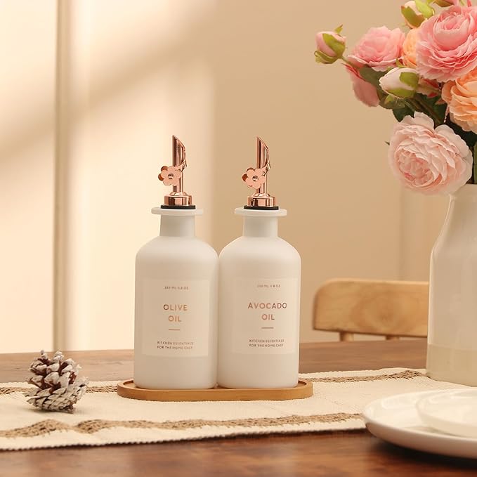 HOMCDALY Olive Oil Dispenser for Kitchen, 11.8oz Glass kitchen Dispenser Bottle, Rose Gold Oil&Vinegar Cruet Set, Leakproof Oil Containers for Cooking, Kitchen Decor | Set of 2 (11.8oz – Rose Gold)-Ruum Studio Home