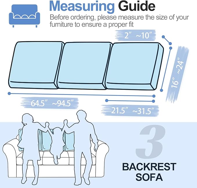 Large Backrest Cushion Covers Super Stretch Backrest Covers for 3 Cushion Couch Sofa, Couch Back Cushion Covers Featuring with Chenille Yarn (Softer Version, 3PC, Blue)-Ruum Studio Home