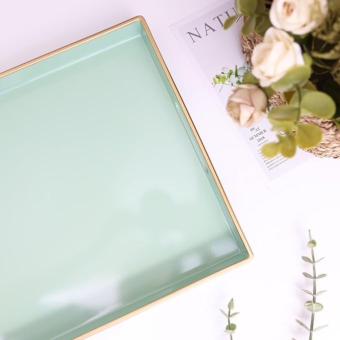 Spsyrine Green Decorative Serving Tray with Handles, Elegant Plastic Coffee Table Tray for Ottoman, Living Room, Home Decor 15.6" X 10.2"-Ruum Studio Home