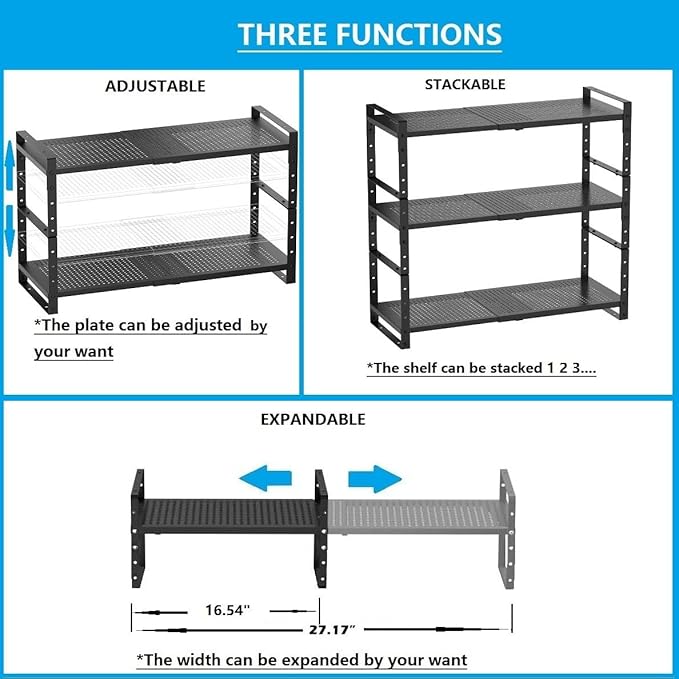 Expandable,Adjustable & Stackable Spice Rack, Cabinet Kitchen Countertop Shelf Organizer,Metal Pantry Storage Shelves - Space-Saving Storage Solution(1Pack/Black/Large)-Ruum Studio Home
