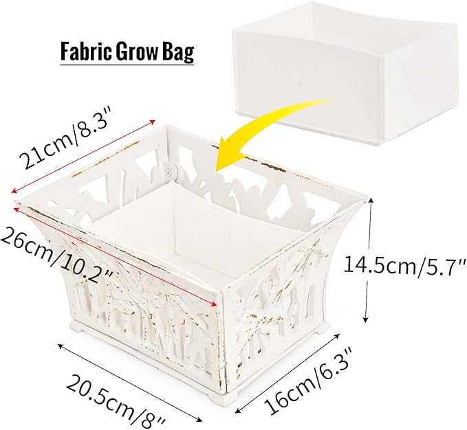 Sungmor Heavy Duty Cast Iron Planter Basket w/Non-Woven Growing Bag, Unique Shape & Beautiful Pattern Design, Hollow Orchid Flower Pot Garden Tools Holder, Rust White French Country Decor Container-Ruum Studio Home