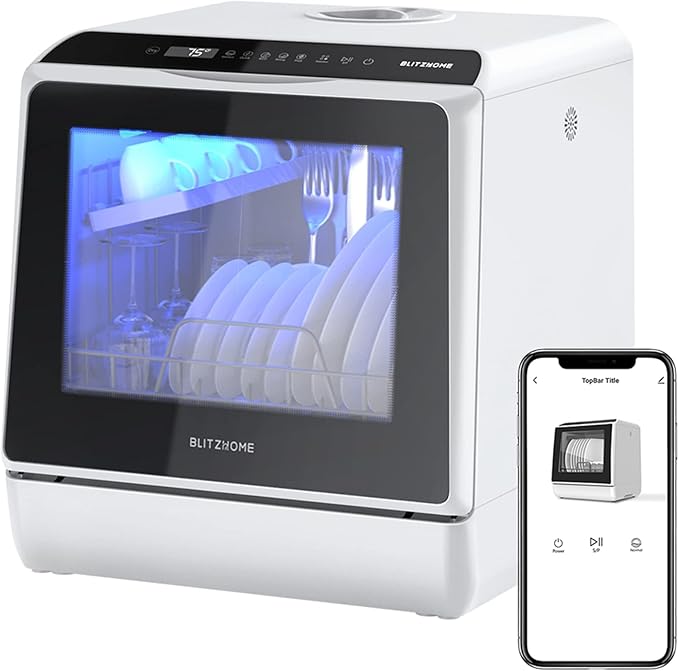 Portable Dishwasher Countertop, WIFI Smart Dishwasher, Compact Mini Dishwashers with 5L Built-in Water Tank, 6 Programs, 360° Dual Spray, High-Temp& Air-Dry Function, Fruit Cleaning-Ruum Studio Home