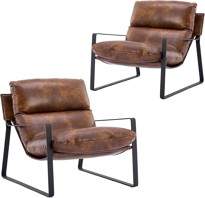 DUOMAY Mid-Century Accent Chair Armchair Set of 2, Comfy PU Leather Leisure Chair Lazy Chair with Metal Leg for Living Room Bedroom Office Apartment, Brown-Ruum Studio Home