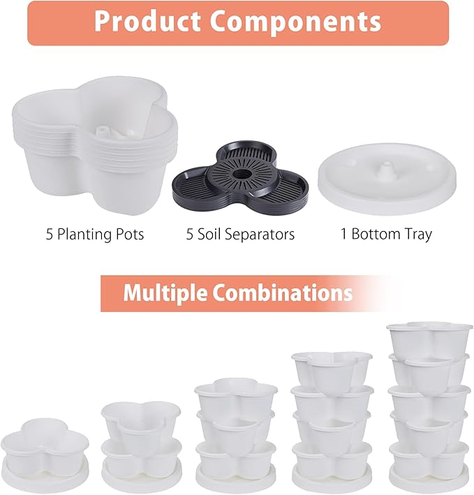 VECELO 5 Tier Vertical Garden Planter, Self Watering Stackable Planters with Wheels for Strawberries, Herbs, Flowers, Vegetables, White-Ruum Studio Home