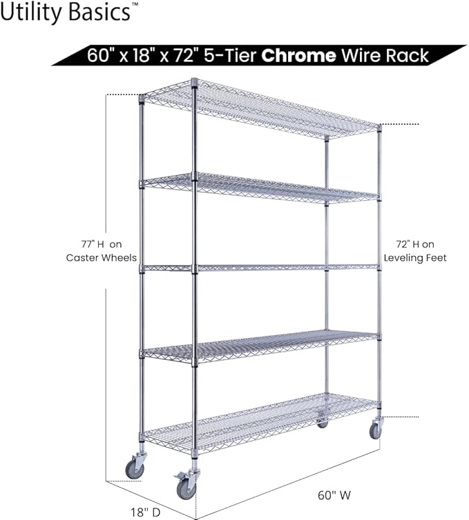 60"x18"x72" Chrome 5-Tier PREMIUM Wire Shelving NSF 4000 LBS MAX CAPACITY Heavy Duty Steel Storage Rack for Warehouses, Garages, Hospitals, Commercial Spaces, & Schools w/PREMIUM WHEELS-Ruum Studio Home