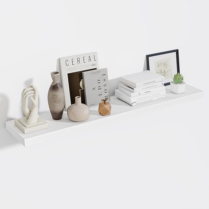Fun Memories 55 Inch Fireplace Mentel Shelf, 10 Inch Deep Shelves for Display & Wall Storage, Rustic Wood Wall Shelf, Extra Long Floating Shelves for Living Room Laundry Room, White, Set of 1-Ruum Studio Home