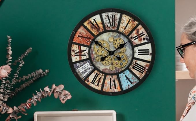 Unique Moving Gear Extra Large Wall Clock 21"-Battery Powered. Retro Industrial Steampunk Country Farmhouse Decor for Living Room, Kitchen,Bars, Restaurants, cafes, Offices(Black- 21")-Ruum Studio Home