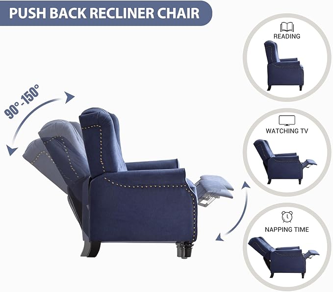 EBELLO 2 Pcs Pushback Recliner Chairs, Fabric Armchair Push Back Recliner with Rivet Decoration, Single Sofa Accent Chair for Living Room, Bedroom, Blue-Ruum Studio Home