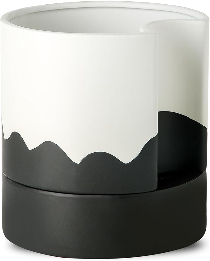 Nihow Self Watering Plant Pot: 8 Inch Ceramic Planter with Drainage Hole & Water Storage Plus for Indoor & Outdoor Plants - Cylinder Round Flower Pot for Succulent/Herbs/Violets - White & Wave Black-Ruum Studio Home