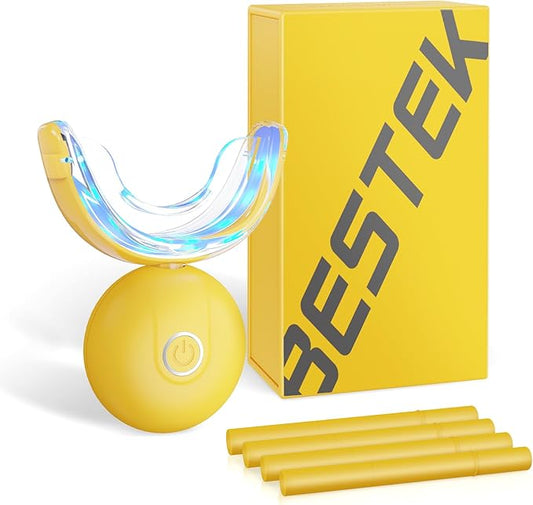 BESTEK Teeth Whitening Kit – 32X LED Light, 10-Min Fast Whitening, 4 Tubes of 35% Carbamide Peroxide Gel, Removes Coffee, Wine & Tobacco Stains - Yellow-Ruum Studio Home