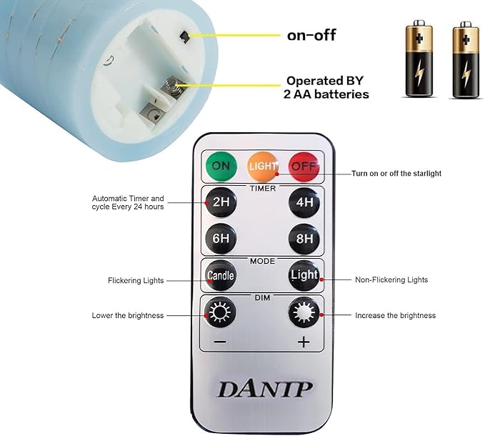 danip Sky Blue LED Flameless Candle, with Embedded Star String, 3-Piece Set of LED Candles, with 11 Button Remote Control, 24-Hour Timer Function, Dancing Flames, Real Wax, Battery Powered.-Ruum Studio Home