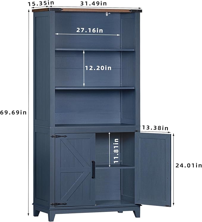 70in Tall Bookshelf 5 Tier Bookcase with Barn Doors and Adjustable Shelves, Blue Farmhouse Book Shelf with Storage Cabinet, Wood Freestanding Display Bookshelves for Bedroom, Living Room-Ruum Studio Home