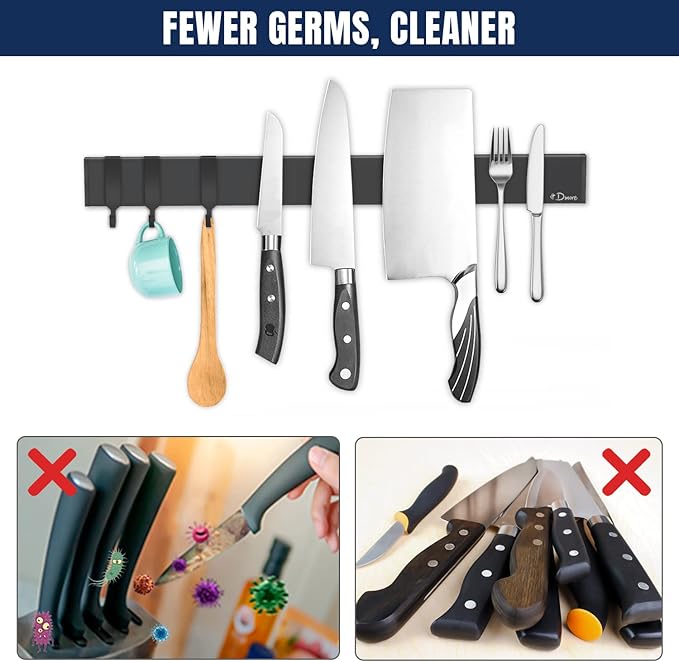 Dmore magnetic knife holder for wall—with 3 hooks, No Drilling 16 Inch black knife magnetic strip, Powerful knife magnet rack, include Adhesive Tape and screws for Knives, Utensils, and Tools-Ruum Studio Home