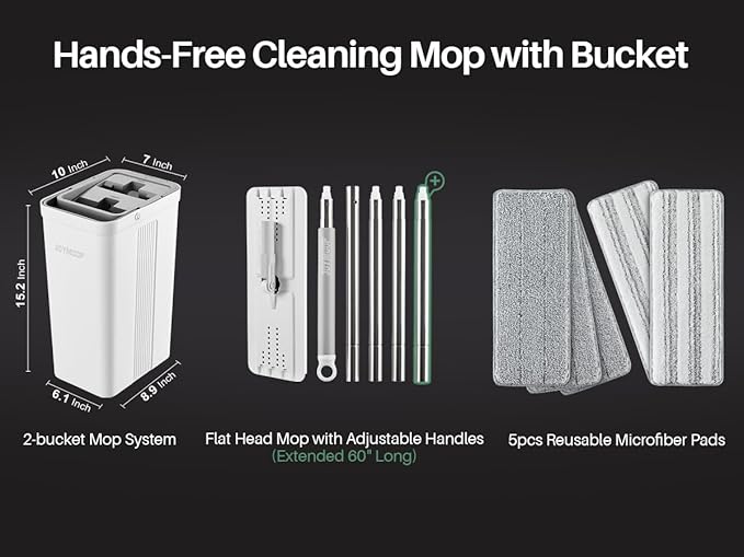 JOYMOOP Mop and Bucket with Wringer Set, White Flat Squeeze Mop Bucket Set for Floor Cleaning, Wet Dry Mops for Walls, Wall Cleaner with Long Handle, Hardwood Floor Mop-5 Microfiber Cloths-Ruum Studio Home