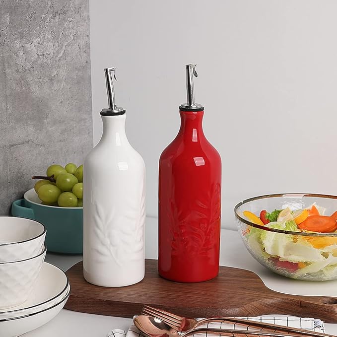 Sweejar Ceramic Olive Oil Dispenser Bottle, 20 Oz Relief Opaque Oil Cruet Protects Oil To Reduce Oxidation, Suitable for Storage Oil, Vinegar, Soy Sauce, Coffee Syrup, Liquids, Set of 1 (Red)-Ruum Studio Home