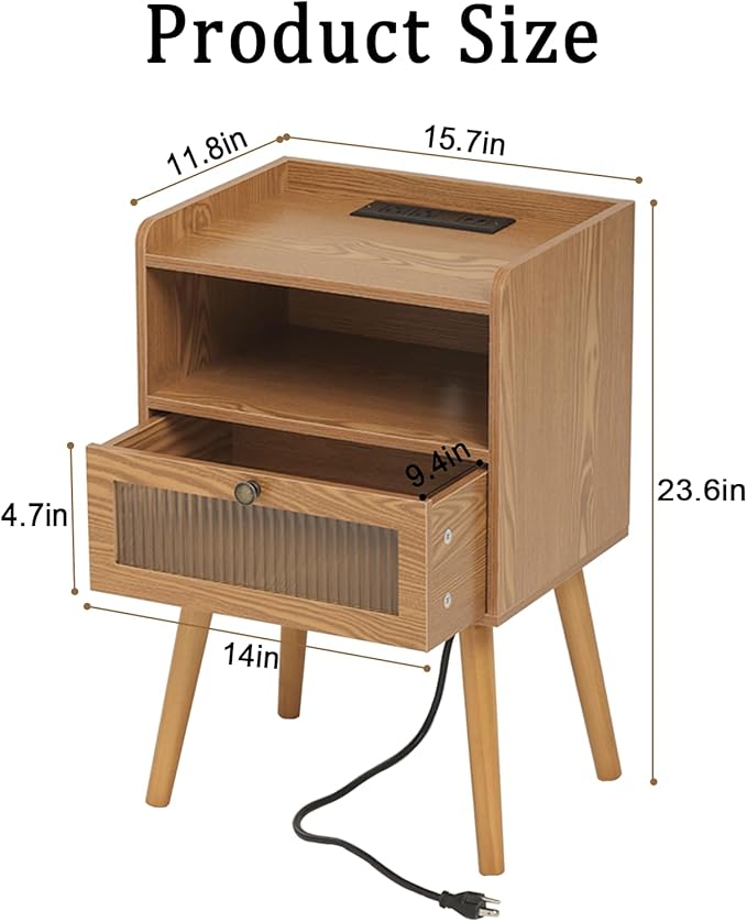 AWASEN Mid Century Nightstand with Charging Station, Modern Bedside Table with Glass Decorative Drawer, Small End Side Table with 2 Tiers Storage for Bedroom, Office and Small Space(Brown)-Ruum Studio Home
