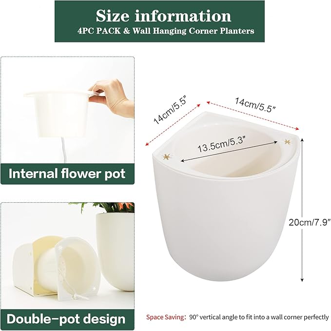 Sungmor Wall Hanging Corner Planters, 4PC White Wall Mounted Flower Pots, Self Watering Wall Planter for Indoor Plants, Right Angle Corner Hanging Pot, Great for Balcony Home Office Bar Corner Decór-Ruum Studio Home