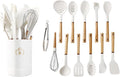 13-Piece silicone utensil set wood handle nonstick cookware safe dishwasher safe kitchen tools BPA free heat resistant (450°F/230°C) ceramic pan safe cooking gifts housewarming (White)-Ruum Studio Home
