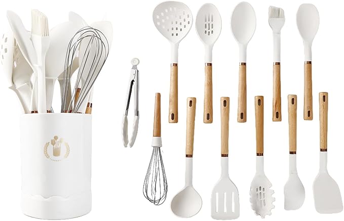 13-Piece silicone utensil set wood handle nonstick cookware safe dishwasher safe kitchen tools BPA free heat resistant (450°F/230°C) ceramic pan safe cooking gifts housewarming (White)-Ruum Studio Home