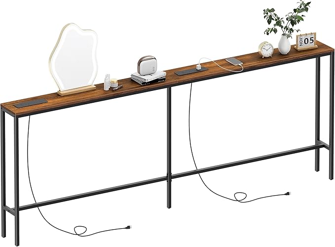 80.7'' Narrow Sofa Table with 2 Power Outlets (6 AC Outlets & 4 USB Ports), Thin Console Tables Narrow Long, Behind Couch Table Skinny for Entryway, Living Room, Hallway, Foyer, Rustic Brown-Ruum Studio Home