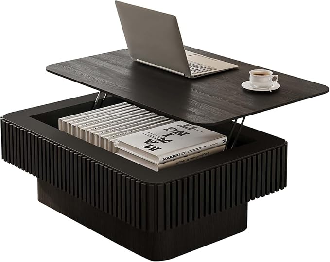 Lift Top Coffee Table with Storage, Solid Wood Coffee Table with Adjustable Height, Fluted Center Table Accent Tea Table for Living Room, Apartment, Office (38.6" Black)-Ruum Studio Home