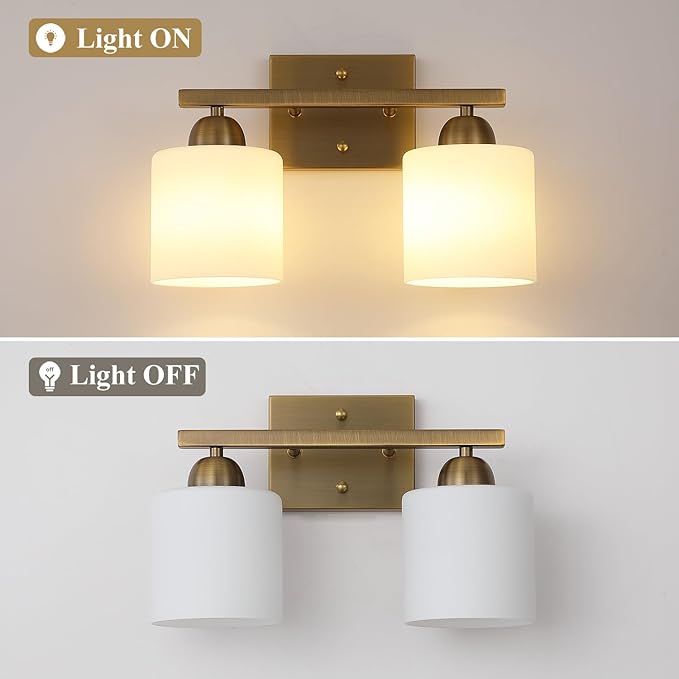 Stainless Steel Milk Glass Vanity Lights for Bathroom, 2 Light Brass Bathroom Light Fixtures Over Mirror, Ceramic E26 Sockets Wall Mounted-Ruum Studio Home