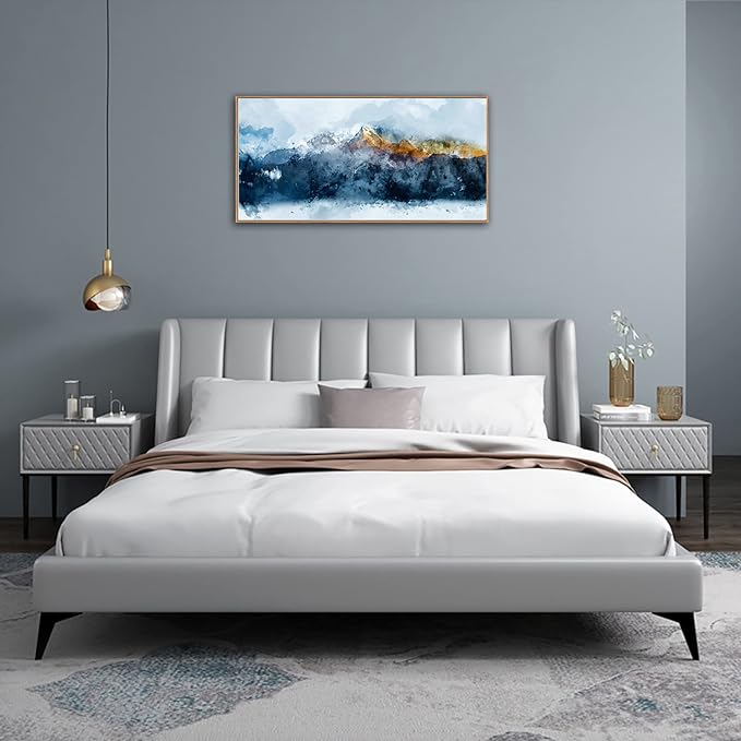 Framed Wall Art Canvas Indigo Abstract Mountain Pictures Wall Decor Blue Grey Orange Mountain Peaks Canvas Painting Prints Modern Abstract Artwork for Living Room Bedroom Decoration 20" x 40"-Ruum Studio Home